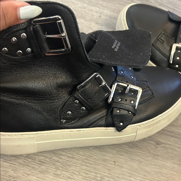 J/SLIDES Black Leather Buckle High Top Sneakers - Picture 3 of 7